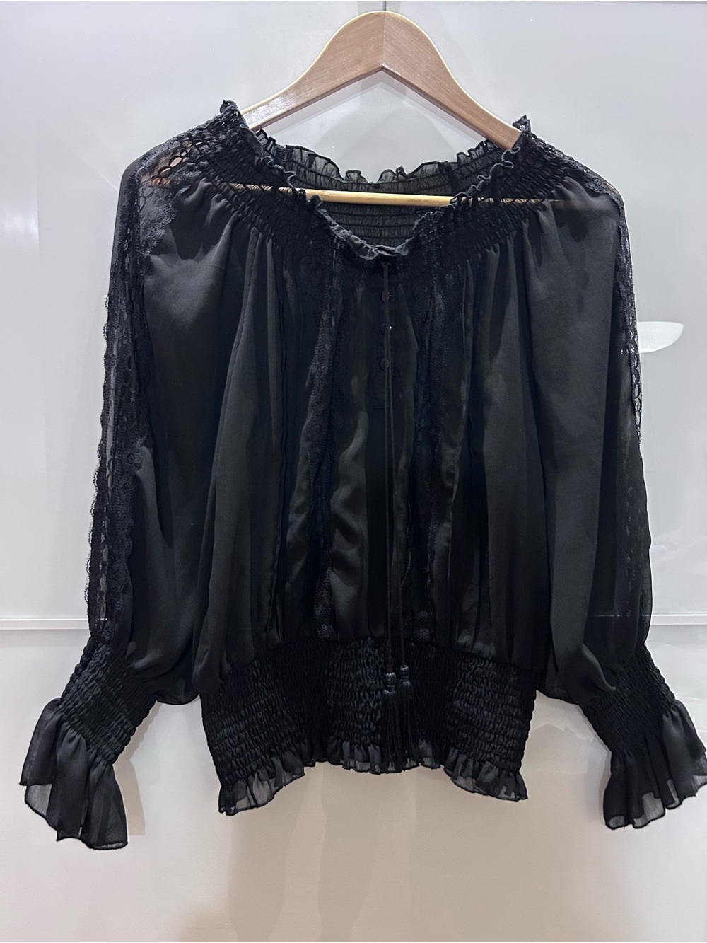 Black Smocked Peasant Blouse - Women Tops